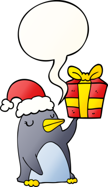 Karikatür pengueni, noelde konuşma baloncuğuyla birlikte bir insan tarafından çizilmiş.