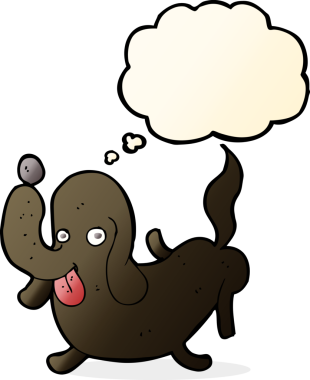 Bir insan tarafından çizilmiş düşünce baloncuğuyla dilini dışarı çıkaran çizgi film köpeği.