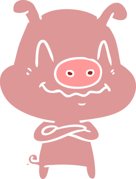 Bir insan tarafından çizilmiş düz renkli çizgi film domuzu.