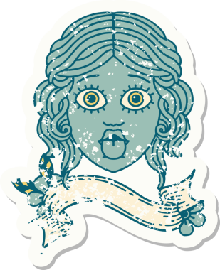 Bir insan tarafından çizilmiş, üzerinde kadın yüzü dövmesi olan eski bir etiket.