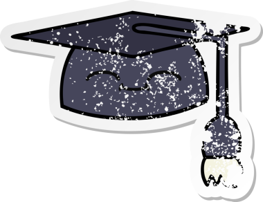 Bir insan tarafından çizilmiş şirin bir çizgi film mezuniyet şapkasının sıkıntılı çıkartması.