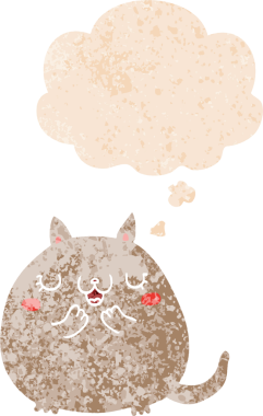 Homurdanan düşünce baloncuğu olan sevimli çizgi film kedisi bir insan tarafından çizilmiş dertli retro desenli