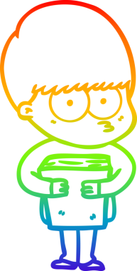 Gökkuşağı gradyan çizgisi bir insan tarafından çizilmiş kitap tutan sinirli bir çizgi film çocuğu çiziyor.