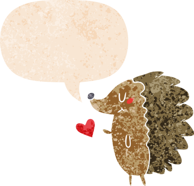 Hoş bir çizgi film kirpisi ve grunge 'da konuşma balonu insan tarafından çizilmiş sıkıntılı retro dokuma tarzı.