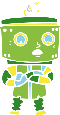 Bir insan tarafından çizilmiş düz renkli çizgi film robotu