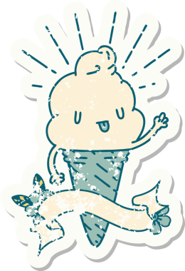 Bir insan tarafından çizilmiş eski dövme stili bir dondurma karakterinin eski bir çıkartması.