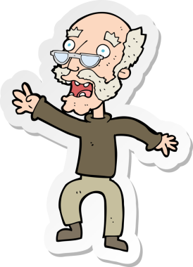 Çizgi film çıkartması. Bir insan tarafından çizilmiş korkmuş yaşlı bir adam.