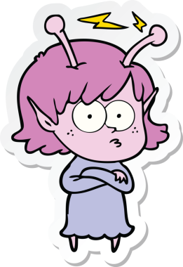 Bir insan tarafından çizilmiş uzaylı bir kızın çıkartması.