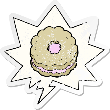 Konuşma balonlu çizgi film bisküvisi bir insan tarafından çizilmiş sıkıntılı eski bir çıkartma