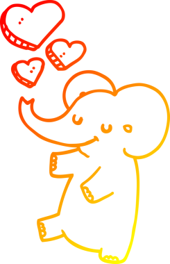 Bir insan tarafından çizilmiş sevgi dolu kalpleri olan bir filin çizgi çizimi.