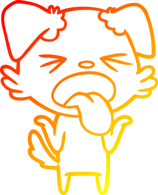 Bir insanın omuzlarını silkeleyen iğrenç bir köpeğin çizgi film çizimi.