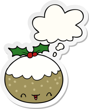 Düşünce baloncuklu tatlı noel pudingi bir insan tarafından çizilmiş bir çıkartma.