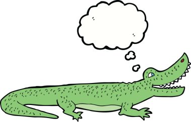 Bir insan tarafından çizilmiş düşünce balonlu mutlu timsah çizgi filmi