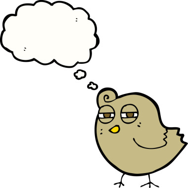 Bir insan tarafından çizilmiş düşünce baloncuklu komik çizgi film kuşu.