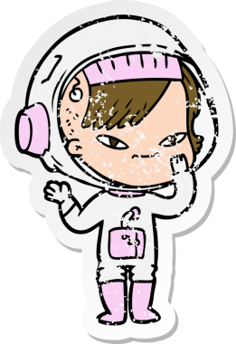 Bir insan tarafından çizilmiş karikatür astronot kadının sıkıntılı çıkartması.