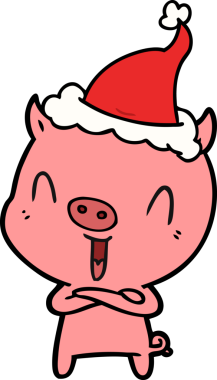 Bir insan tarafından çizilmiş Noel Baba şapkası takan bir domuzun çizdiği mutlu el çizgisi.