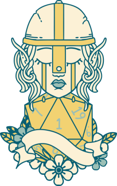 Retro Dövme Tarzı Ağlayan Elf Savaşçısı karakteri yüzü ve bir insan tarafından çizilmiş D20 rulosu.