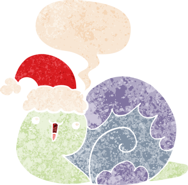 Tatlı çizgi film Noel salyangozu grunge 'da konuşma baloncuğu olan sıkıntılı eski moda bir insan tarafından çizilmiş