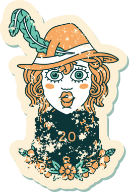 Bir insan şairin, doğal 20 zar atışıyla bir insan tarafından çizilmiş grunge etiketi.