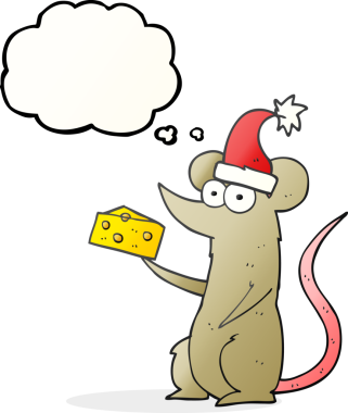 Bir insan tarafından çizilmiş peynirli Noel faresi serbest çizilmiş düşünce balonu karikatürü.