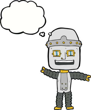 Bir insan tarafından çizilmiş düşünce baloncuklu çizgi film robotu.