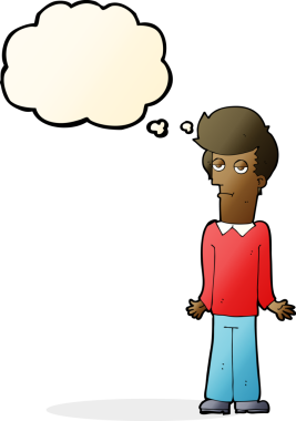 Bir insan tarafından çizilmiş düşünce baloncuğuyla omuz silken karikatür.