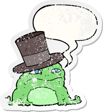 Konuşma balonu olan zengin kurbağa çizgi film karakteri bir insan tarafından çizilmiş sıkıntılı eski bir çıkartma