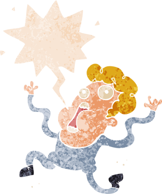 Karikatür, konuşma baloncuğuyla dehşete düşmüş bir adam grunge sıkıntılı retro tarzı bir insan tarafından çizilmiş