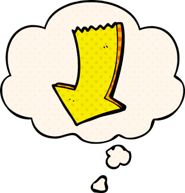 Bir insan tarafından çizilmiş çizgi roman tarzında düşünce baloncuklu ok gösteren çizgi film.