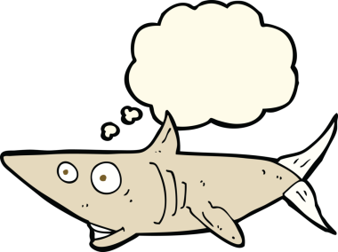 Bir insan tarafından çizilmiş düşünce baloncuklu mutlu köpekbalığı.