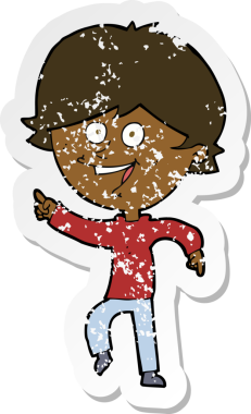 Bir insan tarafından çizilmiş mutlu işaret eden bir çizgi filmin gerilimli retro yapıştırması.