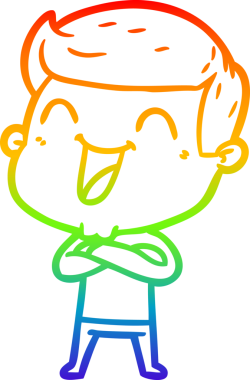 Gökkuşağı gradyan çizgi çizimi bir insan tarafından çizilmiş gülen bir karikatür adam