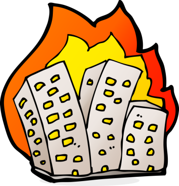 Bir insan tarafından çizilmiş yanan binalar.