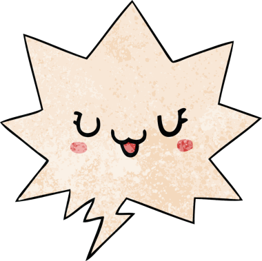 Bir insan tarafından çizilmiş eski tarz konuşma baloncuğu olan sevimli mutlu çizgi film yüzü.