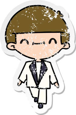 Bir insan tarafından çizilmiş takım elbiseli sevimli kawaii çocuk çıkartması.