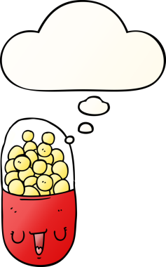 Bir insan tarafından çizilmiş, düşünce baloncuklu karikatür medikal hapı.