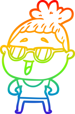 Bir insan tarafından çizilmiş gözlük takan mutlu bir kadının çizgi çizimi.