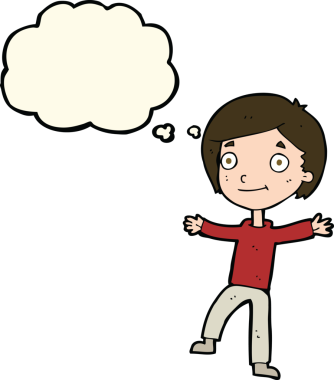 Bir insan tarafından çizilmiş düşünce baloncuğu olan heyecanlı çocuk.