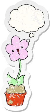 Düşünce baloncuğu olan sevimli bir karikatür çiçeği insan tarafından çizilmiş yıpranmış bir çıkartma gibi.