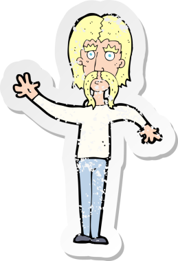 Bir insan tarafından çizilmiş bıyıklı, sallanan bir çizgi film karakterinin gerilemiş retro yapıştırması.