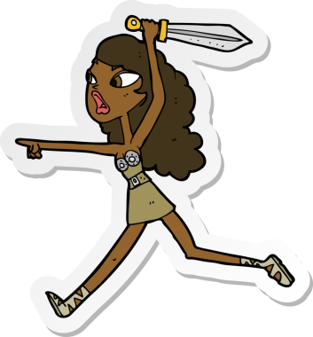 Bir insan tarafından çizilmiş kılıçlı bir çizgi film kızına ait etiket.