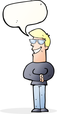 Bir insan tarafından çizilmiş konuşma balonlu gözlüklü sırıtan çizgi film adamı.