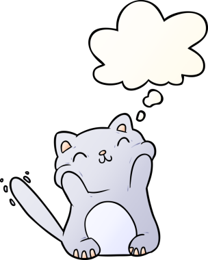 Bir insan tarafından çizilmiş yumuşak eğimli düşünce baloncuklu çizgi film kedisi.