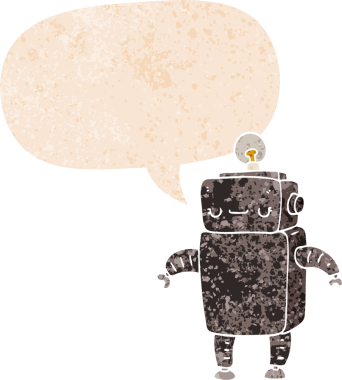 grunge 'da konuşma baloncuğu olan karikatür robotu bir insan tarafından çizilmiş gerilimli retro stil