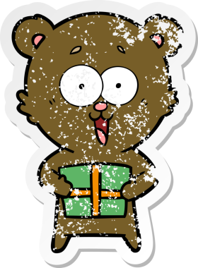 Bir insan tarafından çizilmiş Noel hediyeli gülen oyuncak ayının sıkıntılı çıkartması.