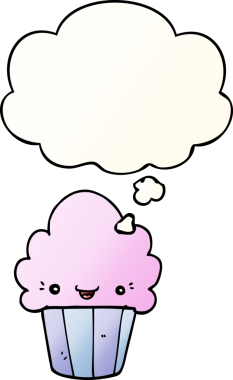 Yüzünde düşünce kabarcığı olan, bir insan tarafından çizilmiş karikatürlü kek.