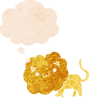 Düşünce baloncuklu çizgi film aslanı grunge sıkıntılı retro desen bir insan tarafından çizilmiş