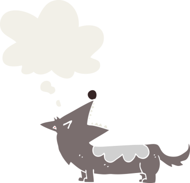 Düşünce baloncuğu olan bir insan tarafından çizilmiş çizgi film köpeği.