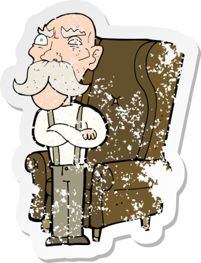 Bir insan tarafından çizilmiş yaşlı bir adam ve sandalyeye ait gerilimli bir çıkartma.