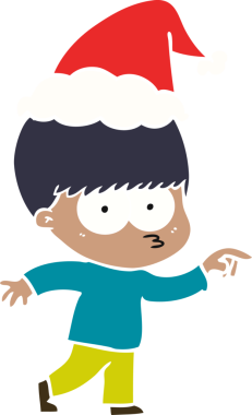 Bir insan tarafından çizilmiş Noel Baba şapkası takan bir çocuğun düz renk çizimi.